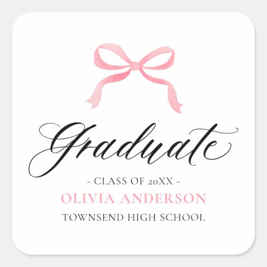 Modern Roze Bow Coquette Afstuderen Afstuderen Vierkante Sticker (Voorkant)