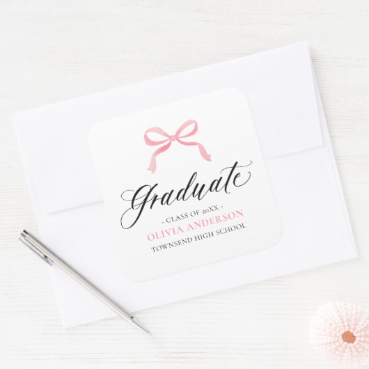 Modern Roze Bow Coquette Afstuderen Afstuderen Vierkante Sticker (Envelop)