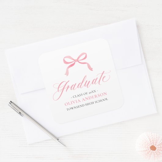 Modern Roze Bow Coquette Afstuderen Afstuderen Vierkante Sticker (Envelop)