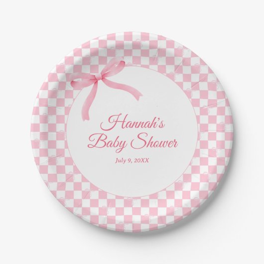 Modern Roze Bow Geruite Baby showers papieren Bord (Voorkant)