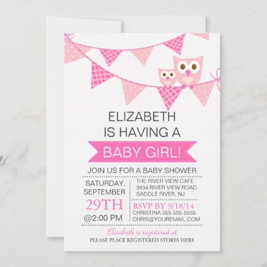 Modern Roze Bunting Uil MEISJE Baby shower Kaart (Voorkant)