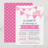 Modern Roze Bunting Uil MEISJE Baby shower Kaart (Voorkant / Achterkant)