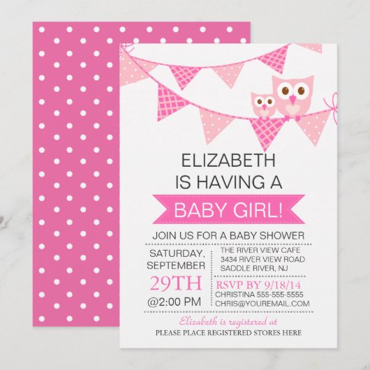 Modern Roze Bunting Uil MEISJE Baby shower Kaart (Voorkant / Achterkant)