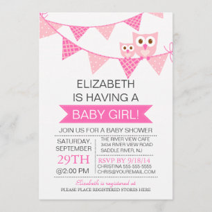 Modern Roze Bunting Uil MEISJE Baby shower Kaart