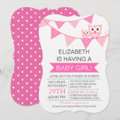 Modern Roze Bunting Uil MEISJE Baby shower Kaart (Voorkant / Achterkant)