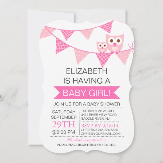 Modern Roze Bunting Uil MEISJE Baby shower Kaart (Voorkant)
