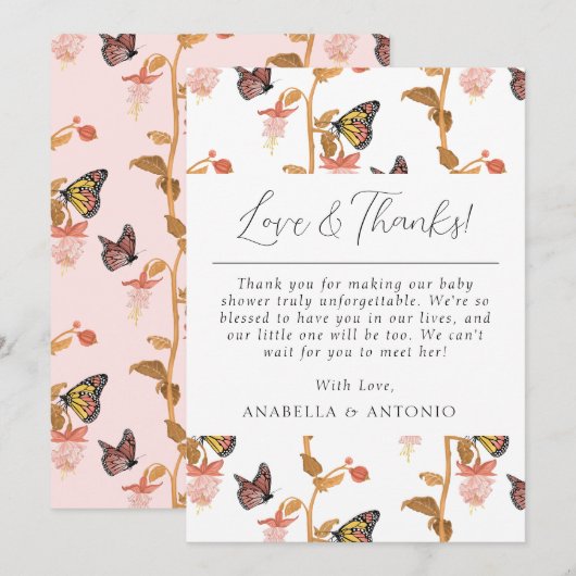 Modern Roze Butterfly Girl Baby shower Love and Mo Bedankkaart (Voorkant / Achterkant)