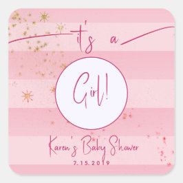 Modern Roze Cabana Stripes & Gold Stars Girl Baby Vierkante Sticker