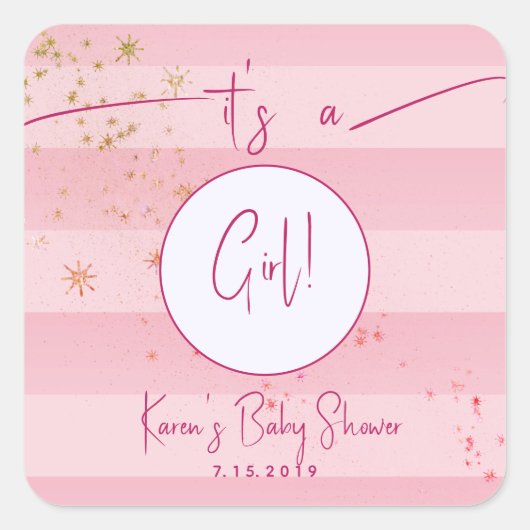 Modern Roze Cabana Stripes & Gold Stars Girl Baby Vierkante Sticker (Voorkant)