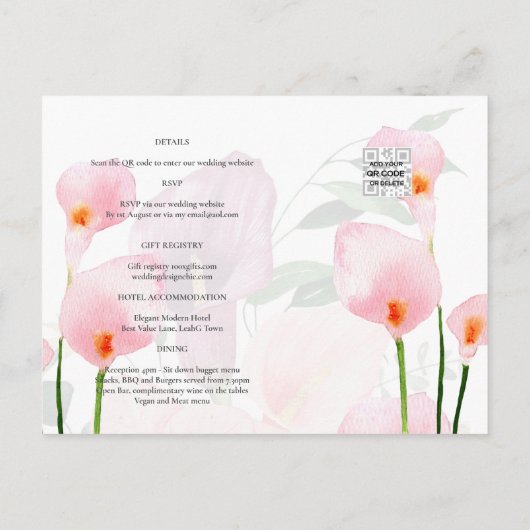 Modern Roze Calla Lily Wedding Save Date QR Code Briefkaart (Achterkant)