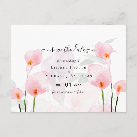 Modern Roze Calla Lily Wedding Save Date QR Code Briefkaart (Voorkant)