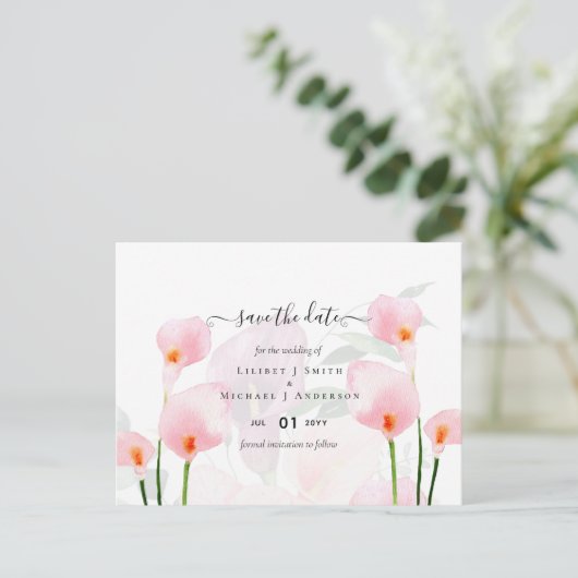 Modern Roze Calla Lily Wedding Save Date QR Code Briefkaart (Staand voorkant)