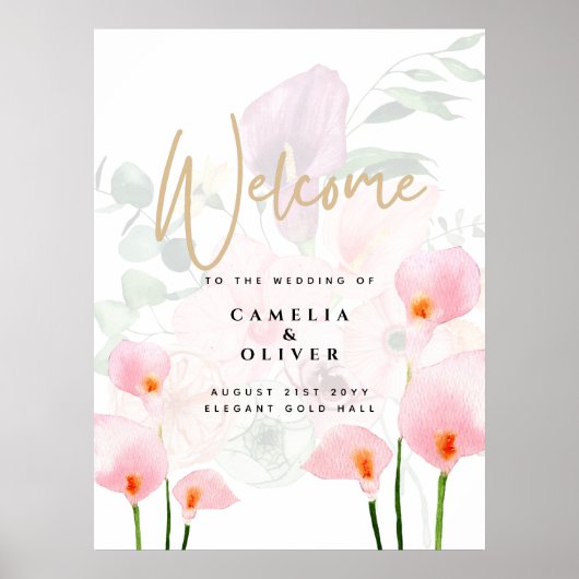 Modern Roze Calla Lily Wedding Welkomstteken Poster (Voorkant)