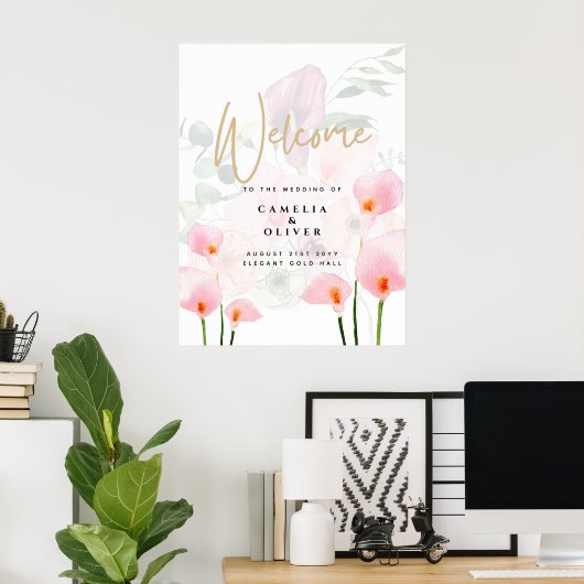Modern Roze Calla Lily Wedding Welkomstteken Poster (Thuiskantoor)