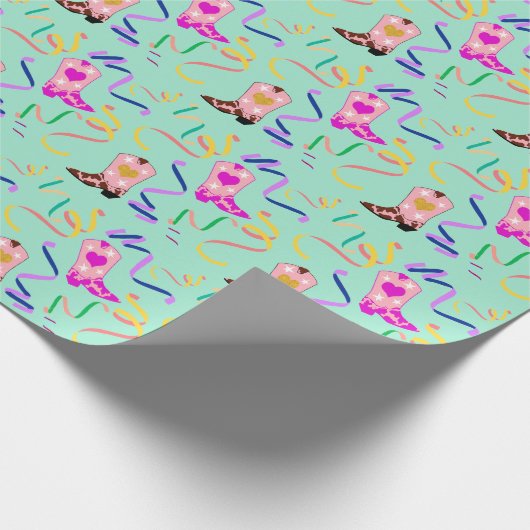 Modern roze Cowgirl Westerne Boots Confetti Mint Cadeaupapier (Hoek)