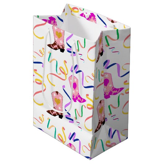 Modern Roze Cowgirl Westerne Boots Confetti White Medium Cadeauzakje (Voorkant Gekanteld)