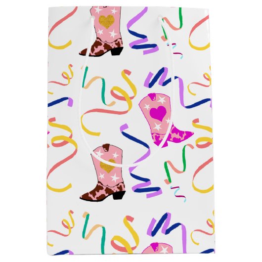 Modern Roze Cowgirl Westerne Boots Confetti White Medium Cadeauzakje (Voorkant)