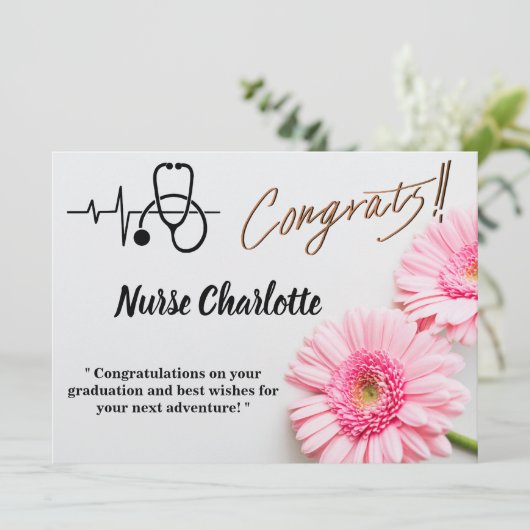 Modern roze Daisy Floral Nese Afstuderen Card (Staand voorkant)