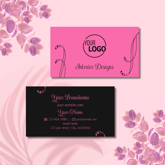 Modern Roze en Black Ornamental met  Logo Visitekaartje