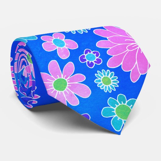 Modern roze en blauw Daisy Bloemenpatroon Stropdas (Opgerold)