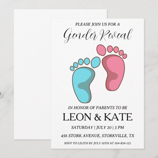 Modern roze en blauw geslacht onthullen uitnodigin kaart (Voorkant / Achterkant)