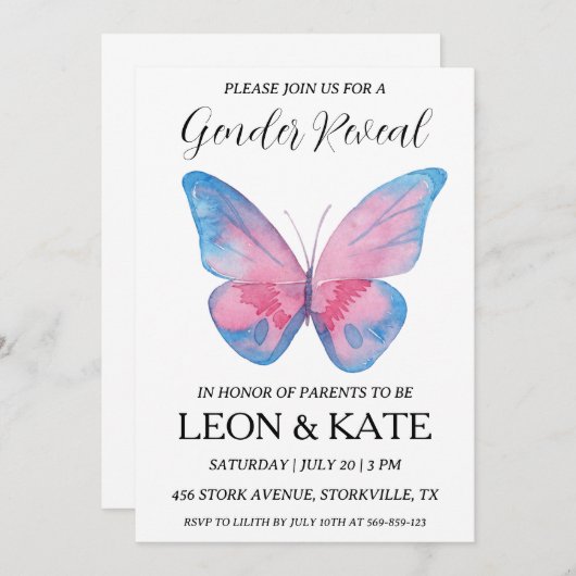 Modern roze en blauw geslacht onthullen uitnodigin kaart (Voorkant / Achterkant)