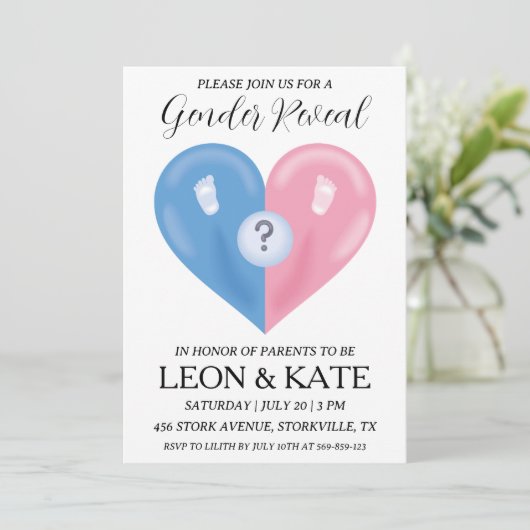 Modern roze en blauw geslacht onthullen uitnodigin kaart (Staand voorkant)