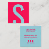 Modern roze en blauw uniek vet monogram initiaal vierkante visitekaartje (Voorkant / Achterkant)