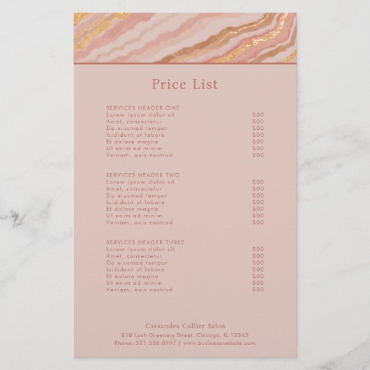 Modern Roze en Goud Abstract Elegante prijslijst (Voorkant)
