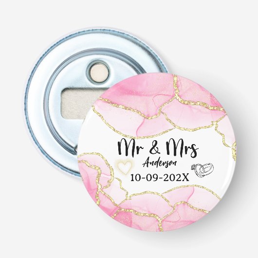 Modern roze en goud meneer en mevrouw. button flesopener (Voorkant)