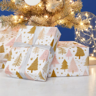 Modern roze en gouden kerstboom patroon cadeaupapier