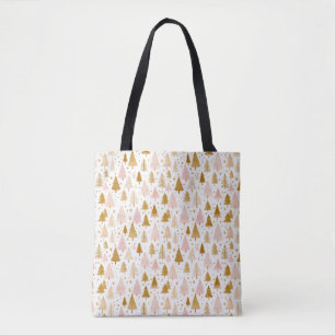 Modern roze en gouden kerstboom patroon tote bag