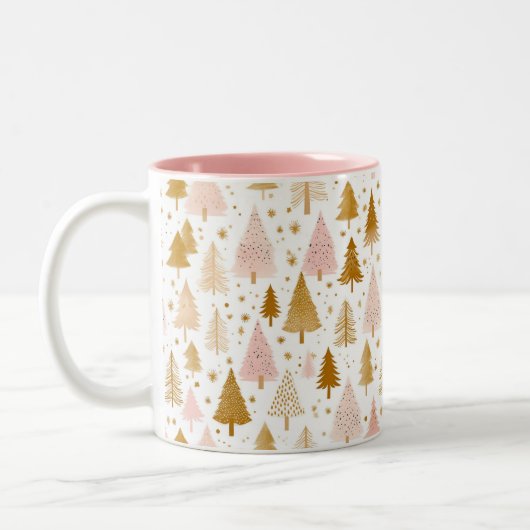 Modern roze en gouden kerstboom patroon tweekleurige koffiemok (Links)