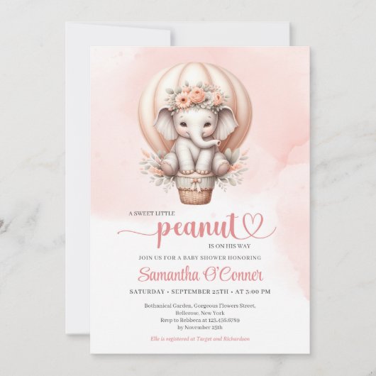 Modern roze en grijs baby olifant bloesem kaart (Voorkant)