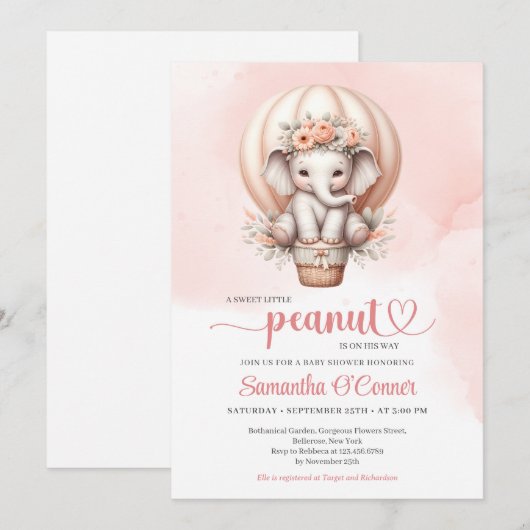 Modern roze en grijs baby olifant bloesem kaart (Voorkant / Achterkant)