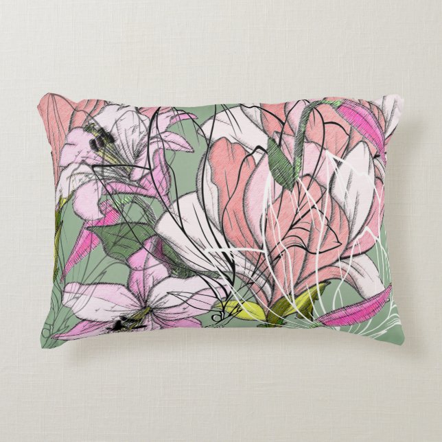 Modern roze en groen botanisch patroon accent kussen (Voorkant)