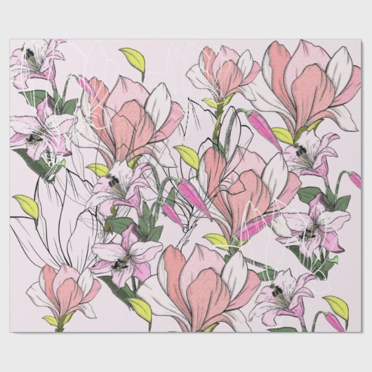 Modern roze en groen botanisch patroon cadeaupapier (Vlak)