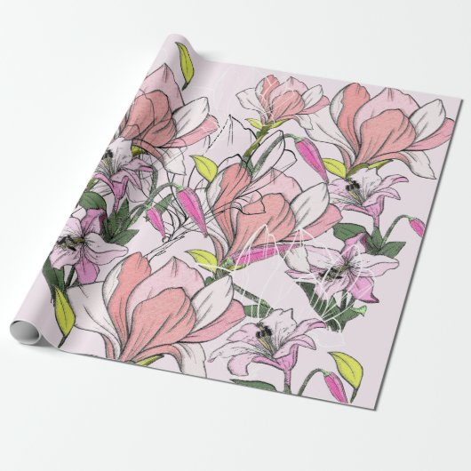 Modern roze en groen botanisch patroon cadeaupapier (Uitgerold)