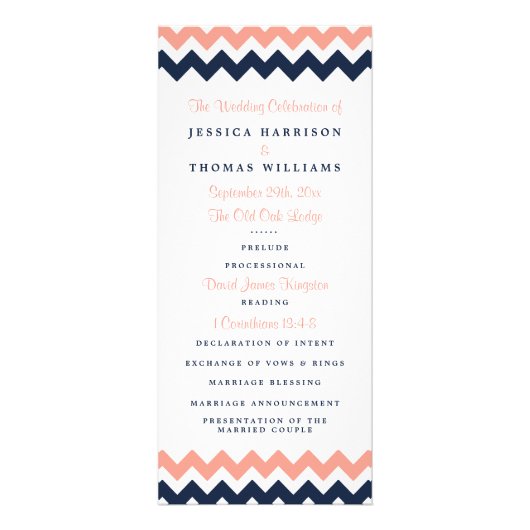 Modern roze en marine chevron bruiloft programma (Voorkant)