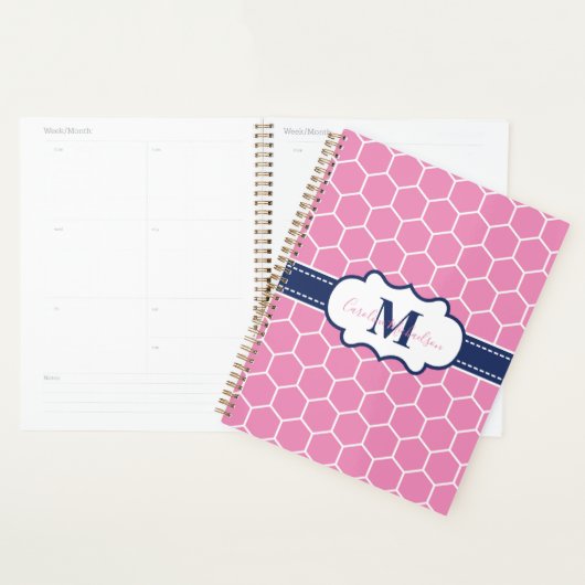 Modern Roze en Marine Monogram Geometrisch Patroon Planner (Display)