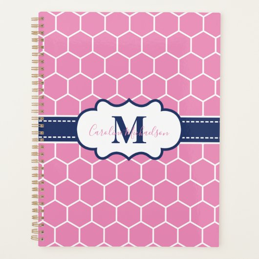 Modern Roze en Marine Monogram Geometrisch Patroon Planner (Voorkant)