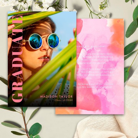 Modern Roze en Oranje Afstuderen Foto Afstuderen Aankondiging