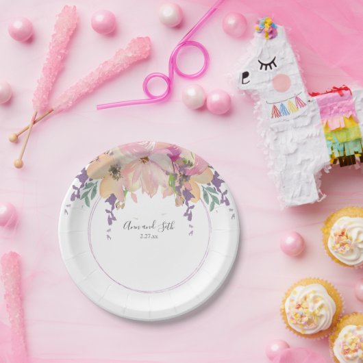 Modern Roze en Paarse Boeket Bloemenbruiloft Papieren Bordje (Feest)