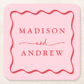 Modern Roze en Rode Golvende Lijst Bruiloft Kartonnen Onderzetters (Voorkant)