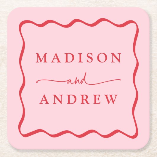 Modern Roze en Rode Golvende Lijst Bruiloft Kartonnen Onderzetters (Voorkant)