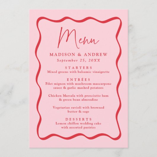 Modern Roze en Rode Golvende Lijst Bruiloft Menu (Voorkant)