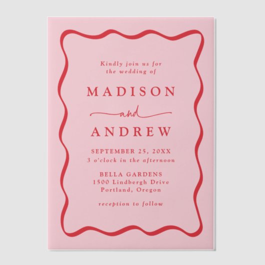 Modern Roze en Rode Golvende Lijst Bruiloft Vellum Uitnodigingen (Voorkant)
