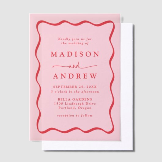 Modern Roze en Rode Golvende Lijst Bruiloft Vellum Uitnodigingen (Offset)