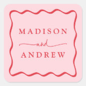 Modern Roze en Rode Golvende Lijst Bruiloft Vierkante Sticker (Voorkant)