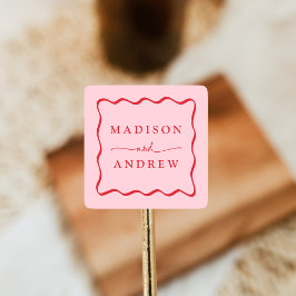 Modern Roze en Rode Golvende Lijst Bruiloft Vierkante Sticker